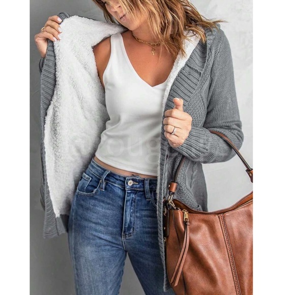 Sherpa Grey Knit Hooded Cardigan Front Pockets Long Sleeves Hip Length Buttoned - Picture 6 of 17